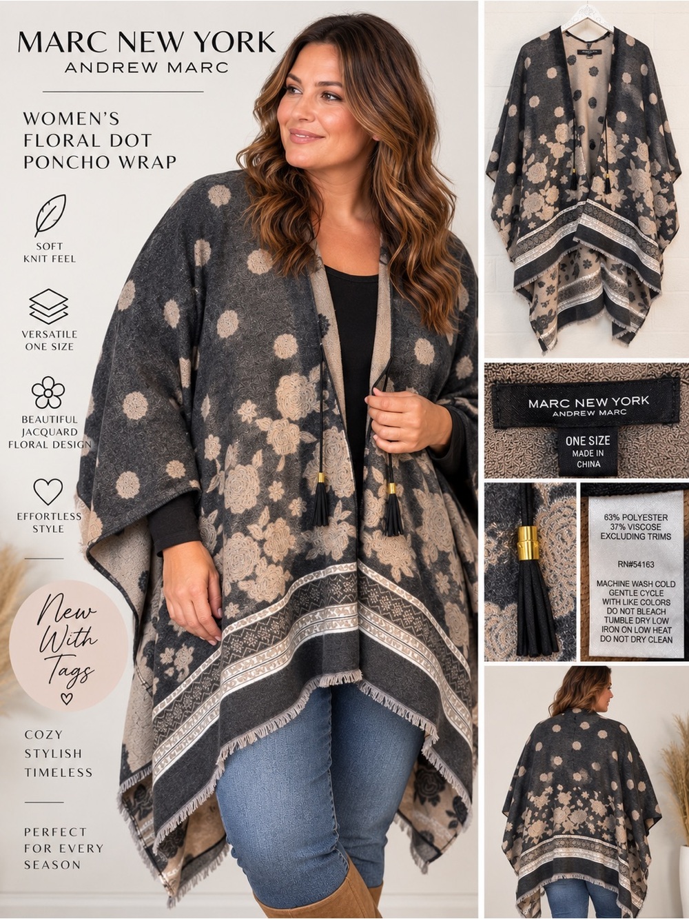 Marc New York Black & Beige Floral Dot Poncho Wrap